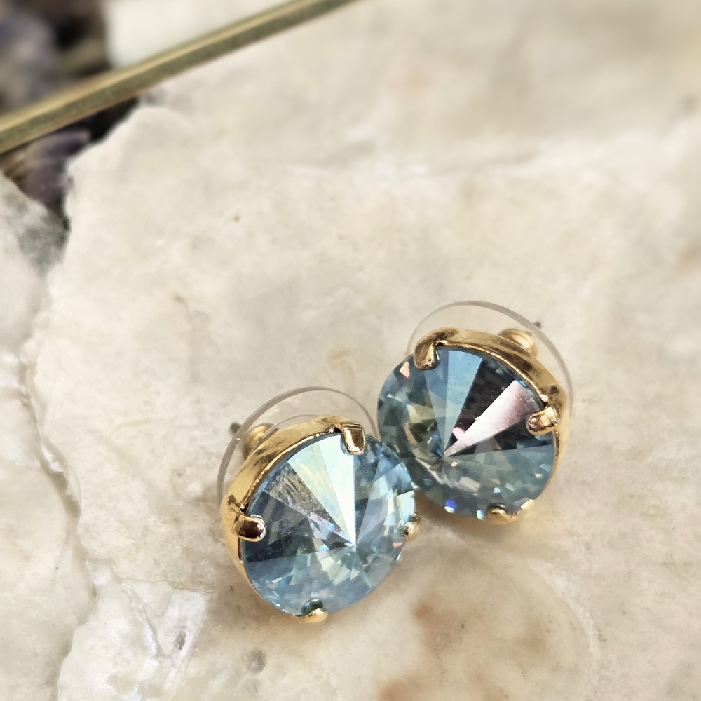Large Aquamarine Light Blue  Sparkling Crystal Stud Earrings In Brass
